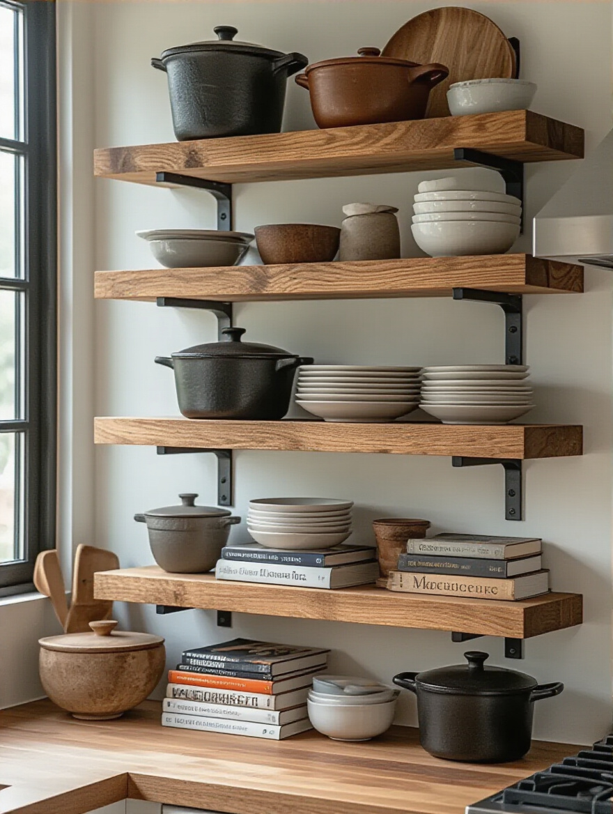 Sturdy floating wooden kitchen shelves loaded with heavy cookware and cookbooks, securely mounted with thick brackets
