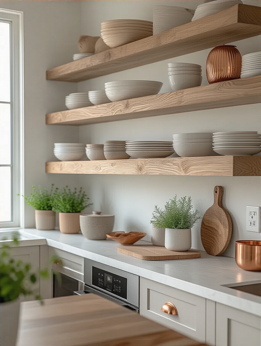 Modern kitchen shelf with balanced distribution of muted whites, grays, wood tones, and copper accents showcasing harmonious color and tone balance