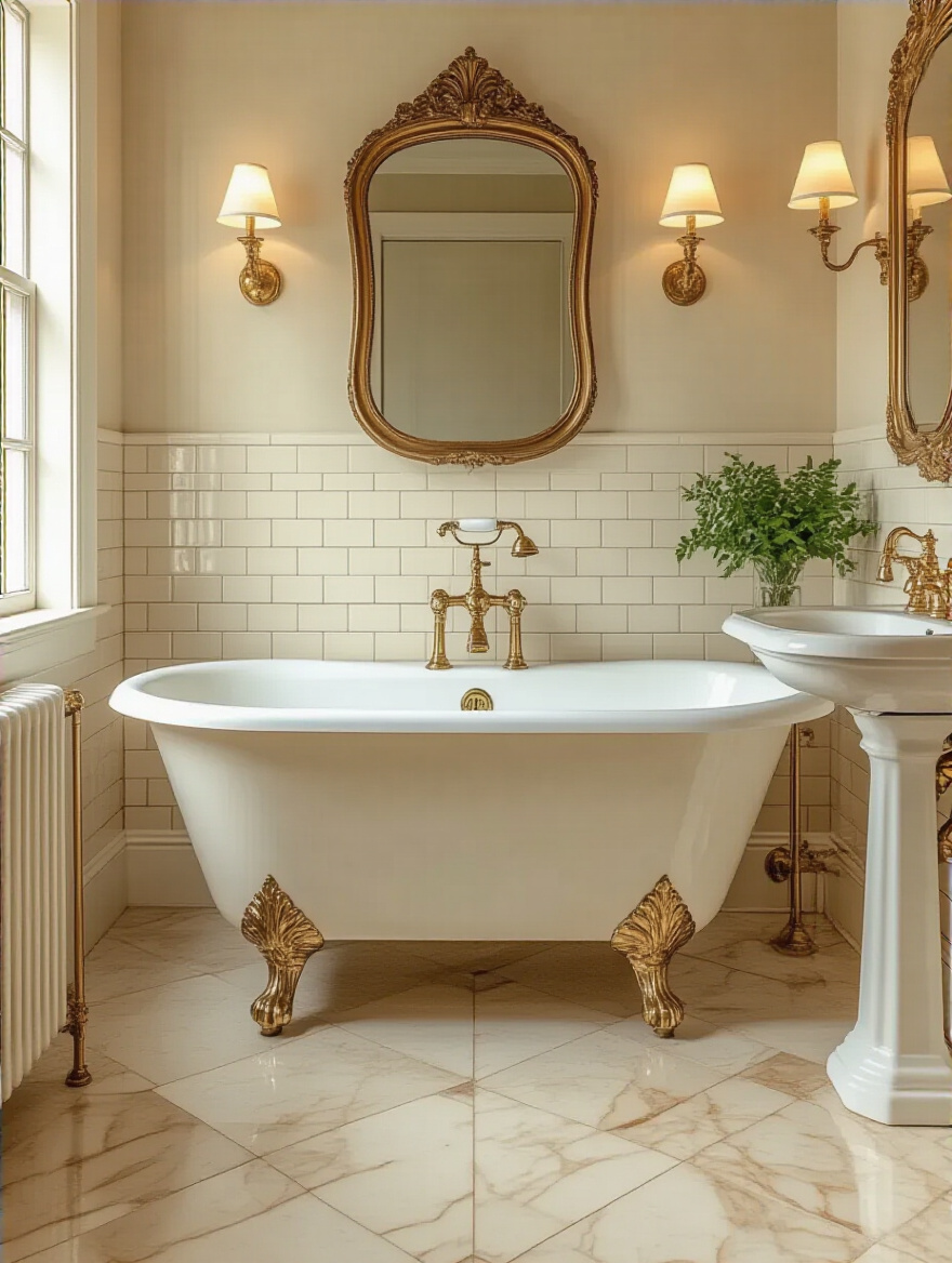 Portrait view of a stylish vintage bathroom with a clawfoot tub, brass fixtures, and warm lighting, emphasizing timeless design and smart planning.