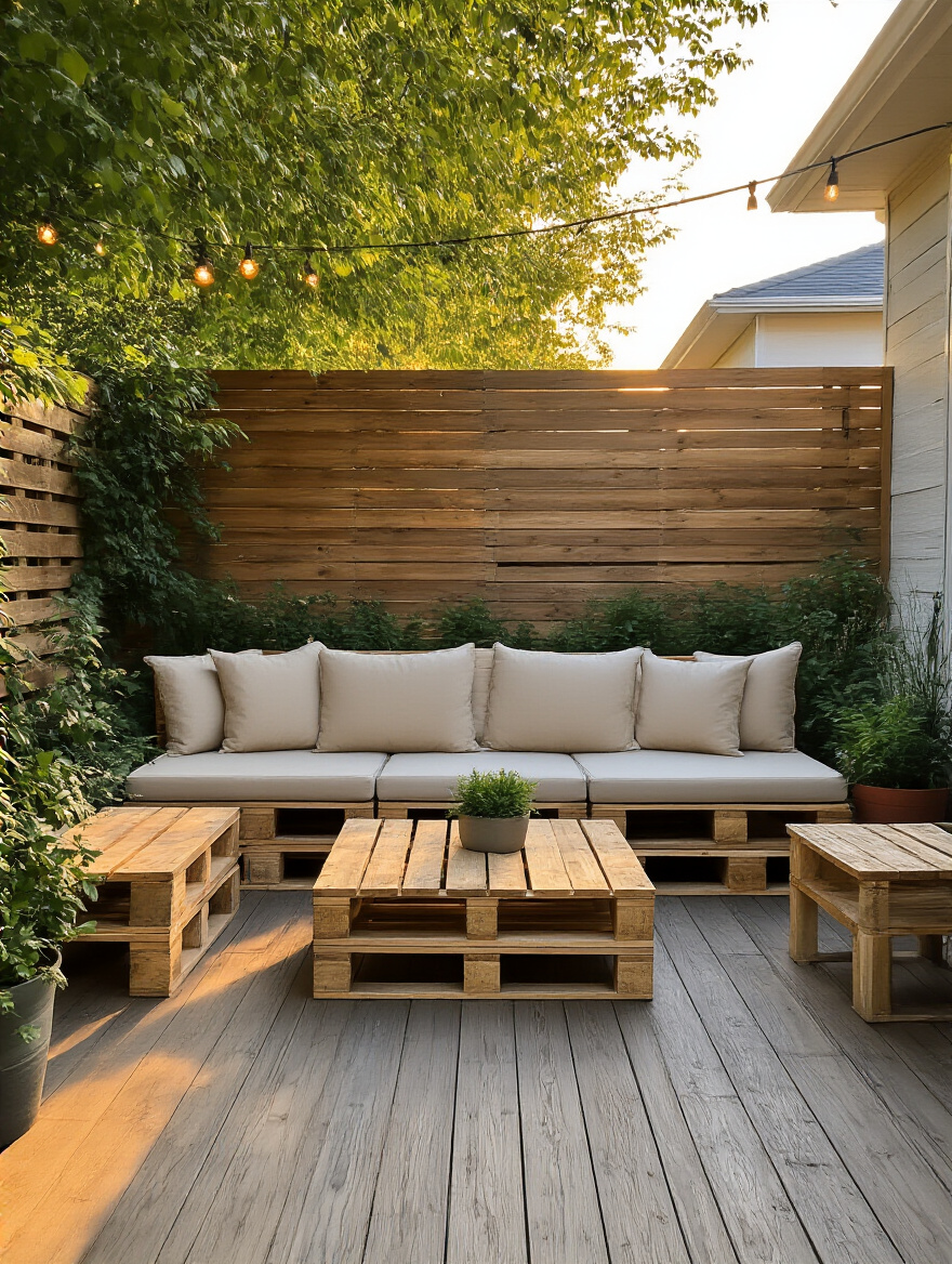 Vertical photo of a rustic backyard patio with a pallet sofa and coffee table, cushions, and greenery.