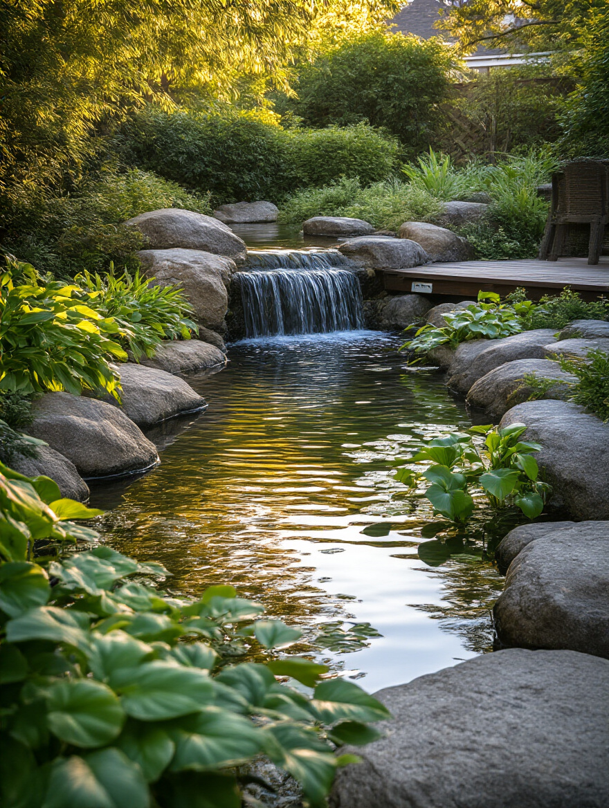 Portrait shot of a tranquil backyard pond with rocks, plants, and a distant wooden deck under soft late-afternoon light.