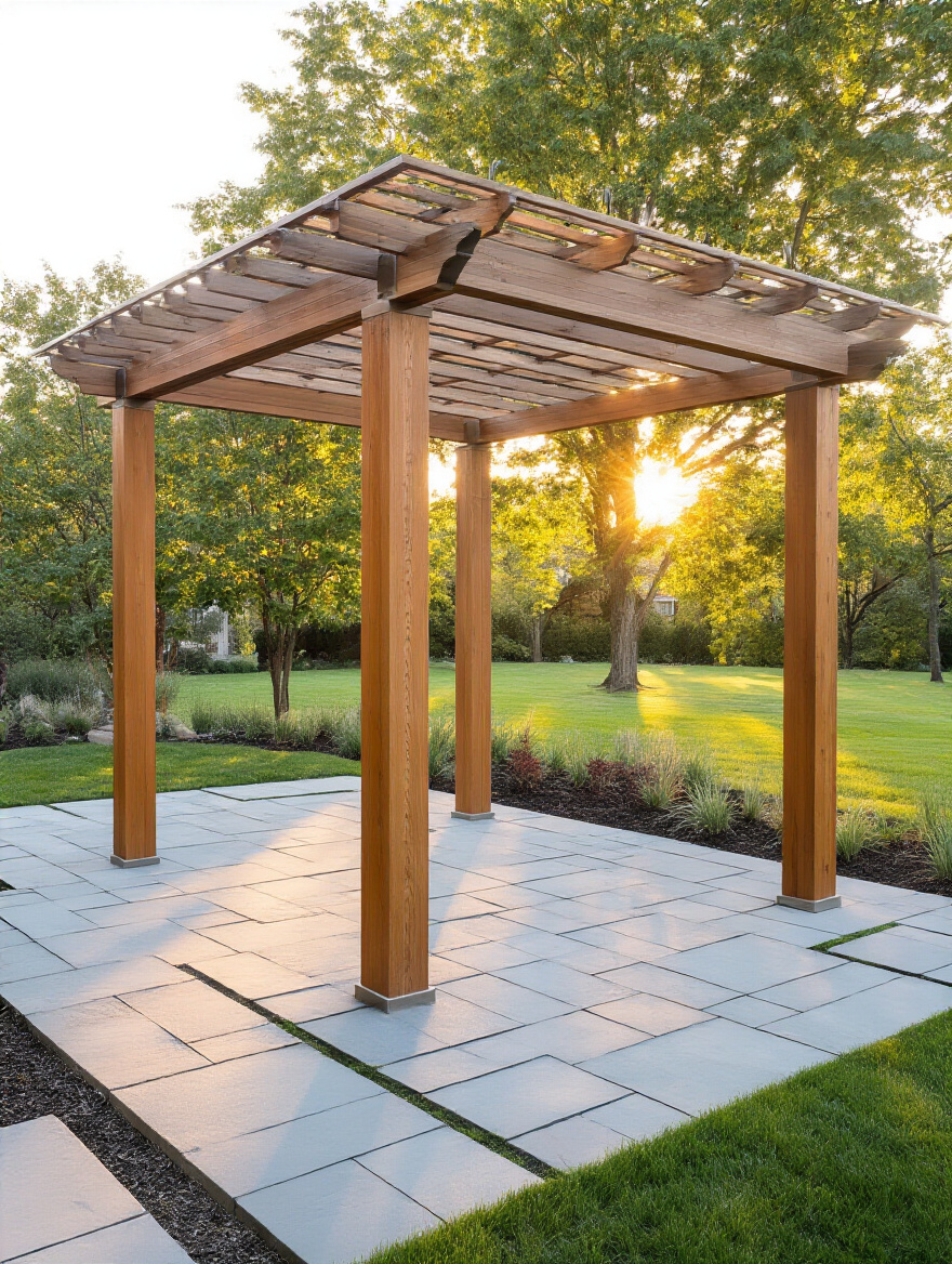 Backyard pergola with open lattice roof on a stone patio, surrounded by greenery and soft evening light.