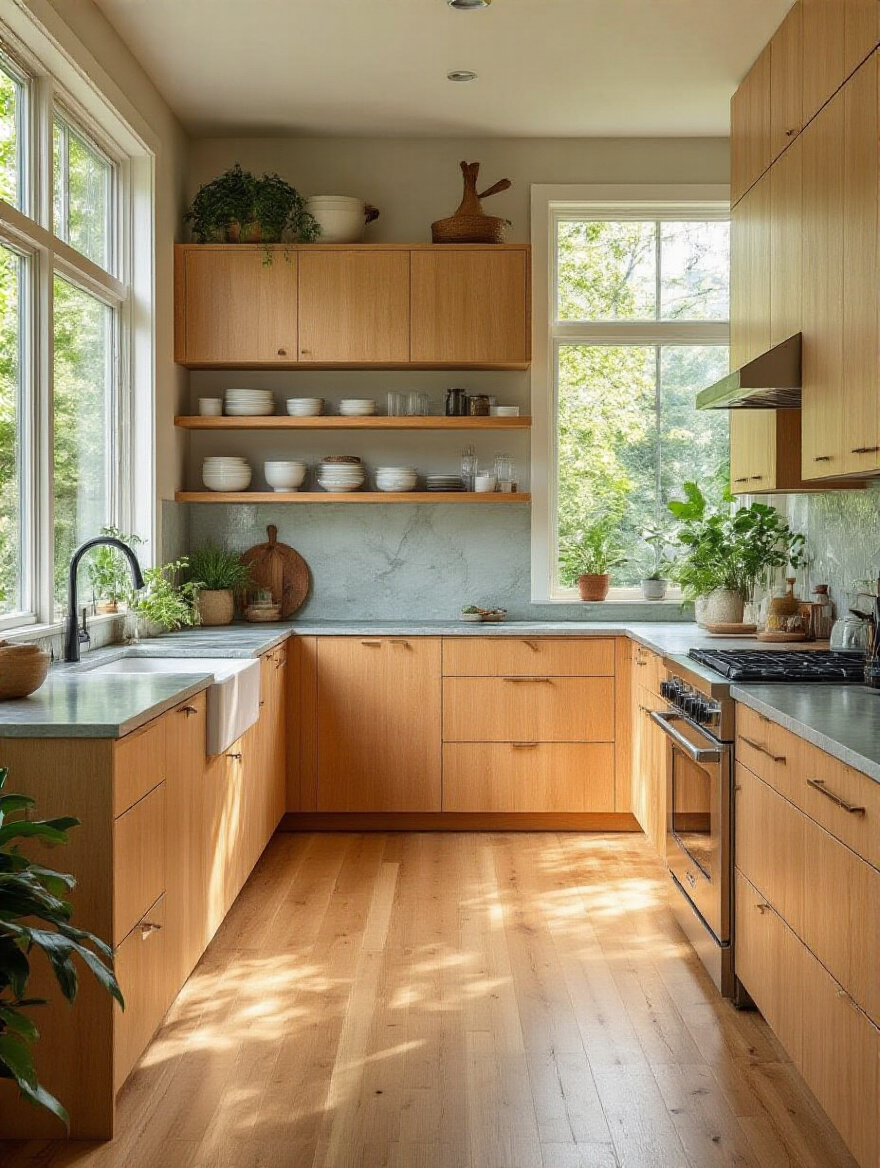 Modern sustainable kitchen interior featuring eco-friendly maple wood cabinetry, recycled glass countertops, and bamboo flooring with natural lighting