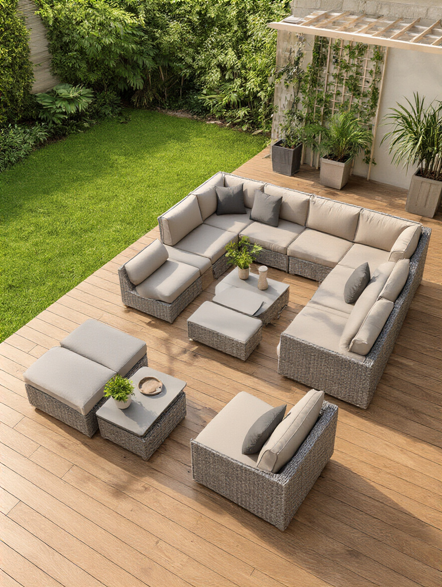 Vertical view of a stylish ergonomic outdoor furniture setup on a wooden deck with lush plants.