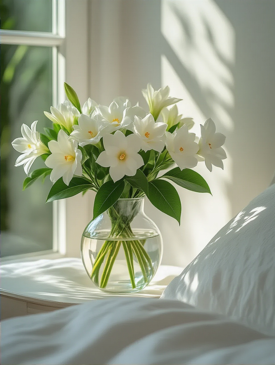 White bedroom corner with a vase of fragrant white flowers on bedside table under soft natural light
