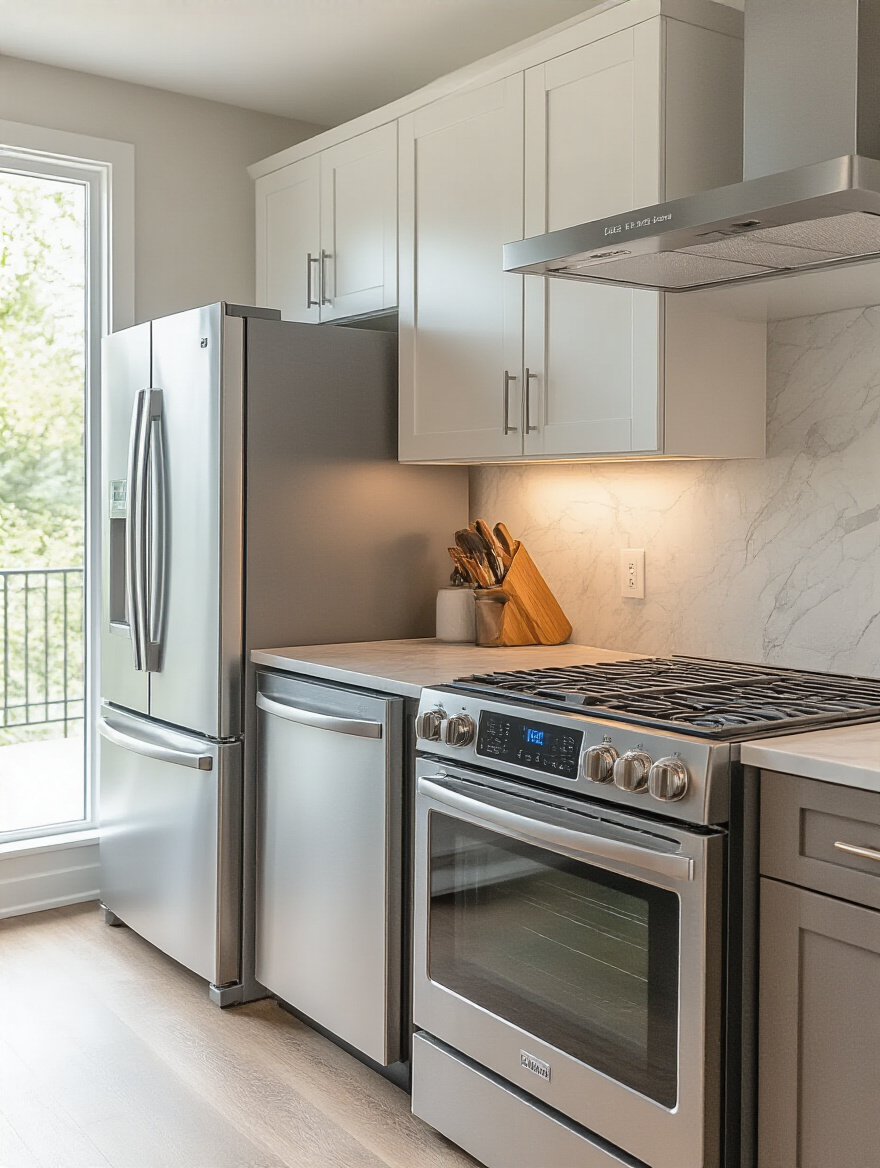 Modern kitchen corner with stainless steel energy-efficient refrigerator, dishwasher, and induction cooktop in natural light