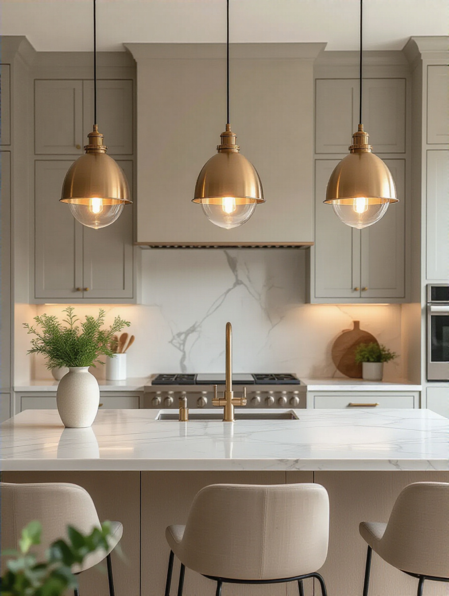 Modern kitchen island with three pendant lights hanging above creating a striking focal point