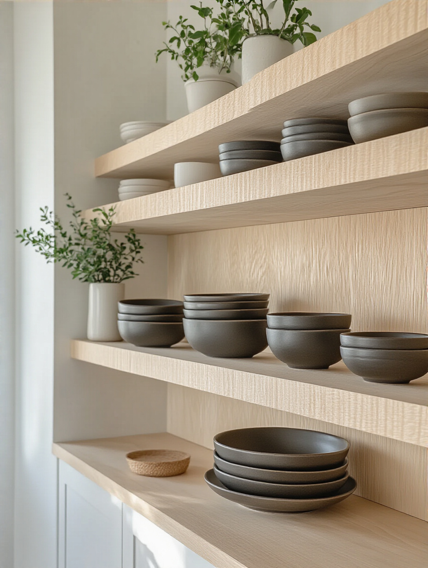 Open kitchen shelves with light birch plywood backing adding visual depth and character