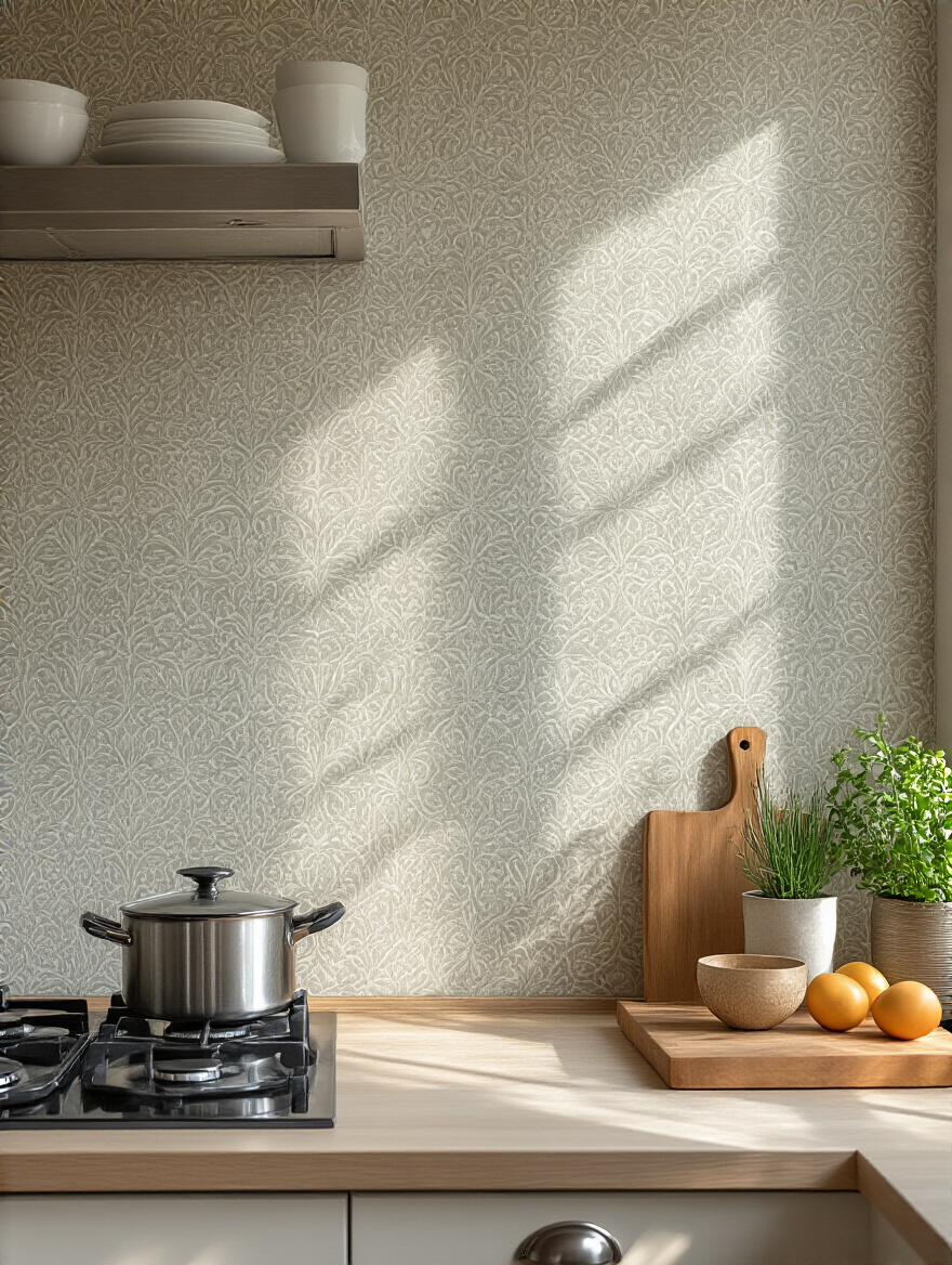 Modern kitchen backsplash with washable vinyl wallpaper in a clean, well-lit kitchen