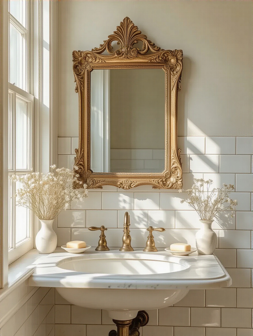 Portrait of a decorative vintage mirror above a vanity in a vintage bathroom