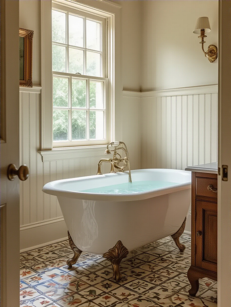 Sunlit vintage bathroom with a centered freestanding tub, showcasing clawfoot details and period-appropriate finishes.