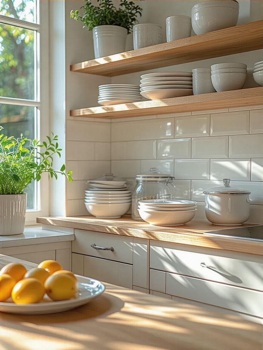 Spotless and pristine kitchen shelf surface ready for decor placement with natural sunlight