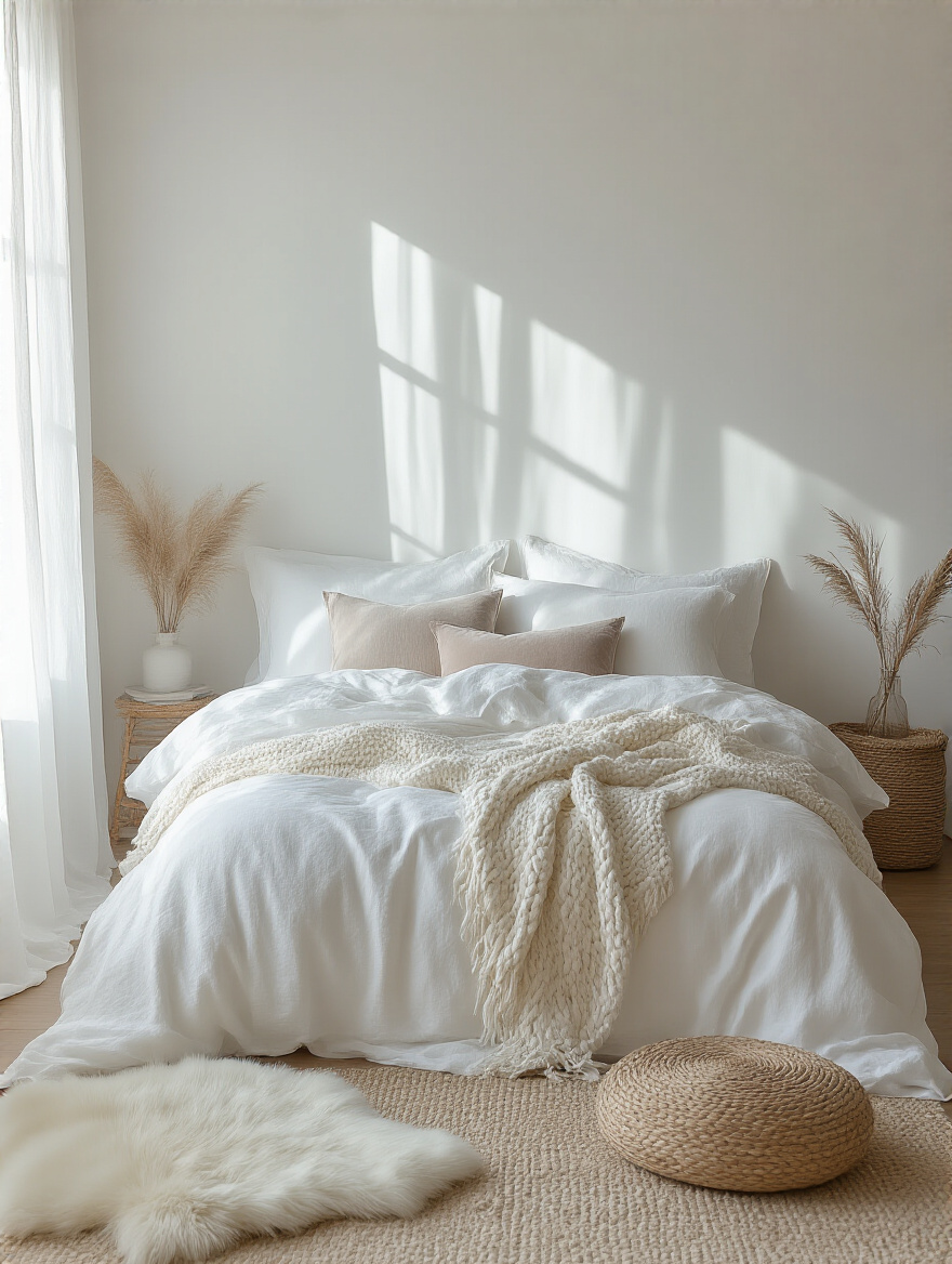 White bedroom with layered varying white fabric textures including linen, velvet, knit, and sateen on bed