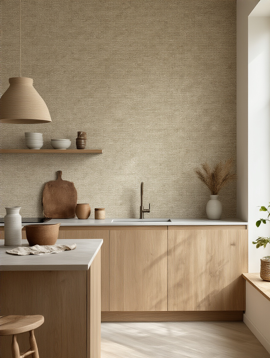 Modern kitchen wall adorned with eco-friendly, low-VOC wallpaper in natural tones, showcasing a healthy and stylish design