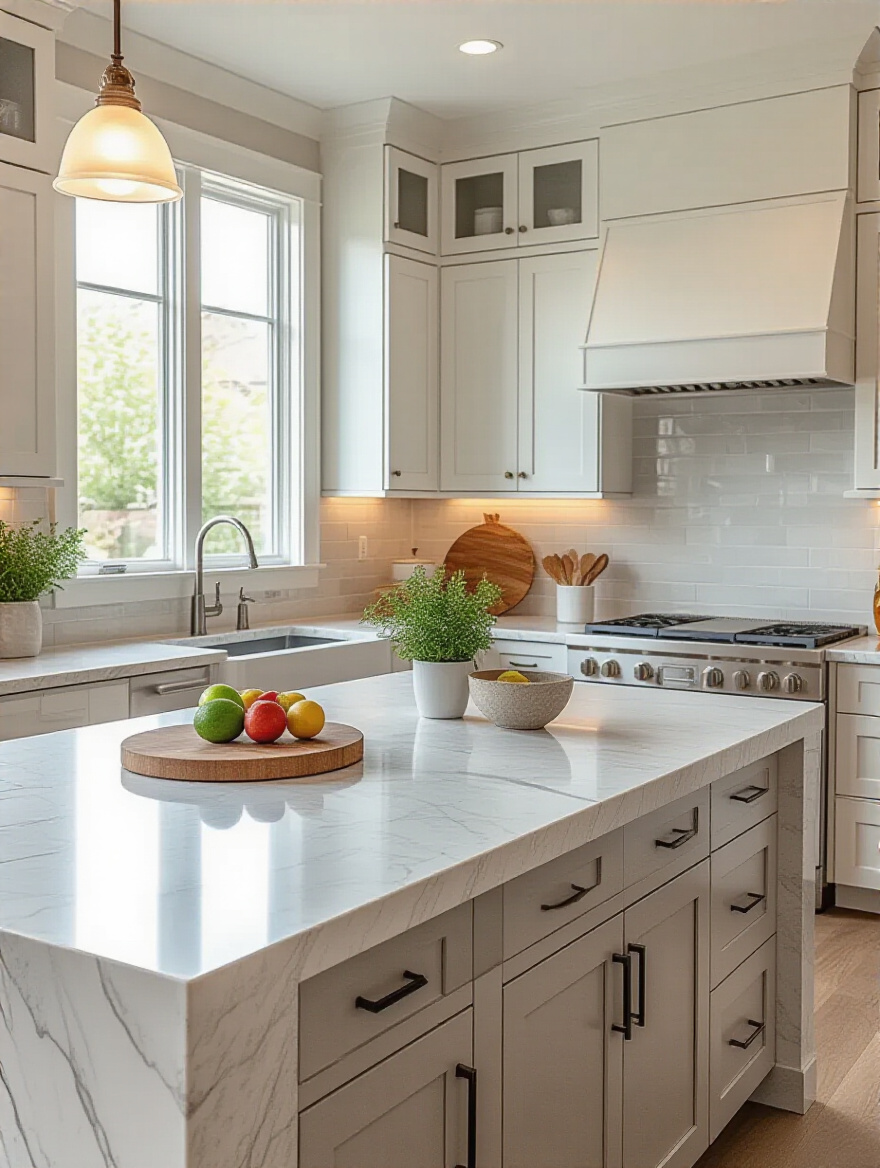 Timeless kitchen with neutral quartz countertops and white cabinetry, resale-friendly design