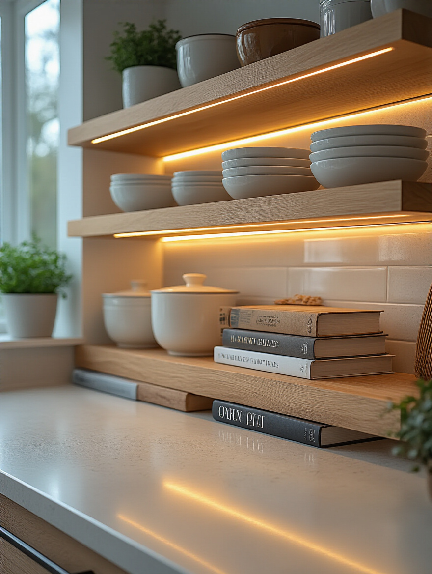 Modern kitchen shelf with warm white LED under-shelf lighting illuminating decorative dishes and cookbooks on a clean countertop