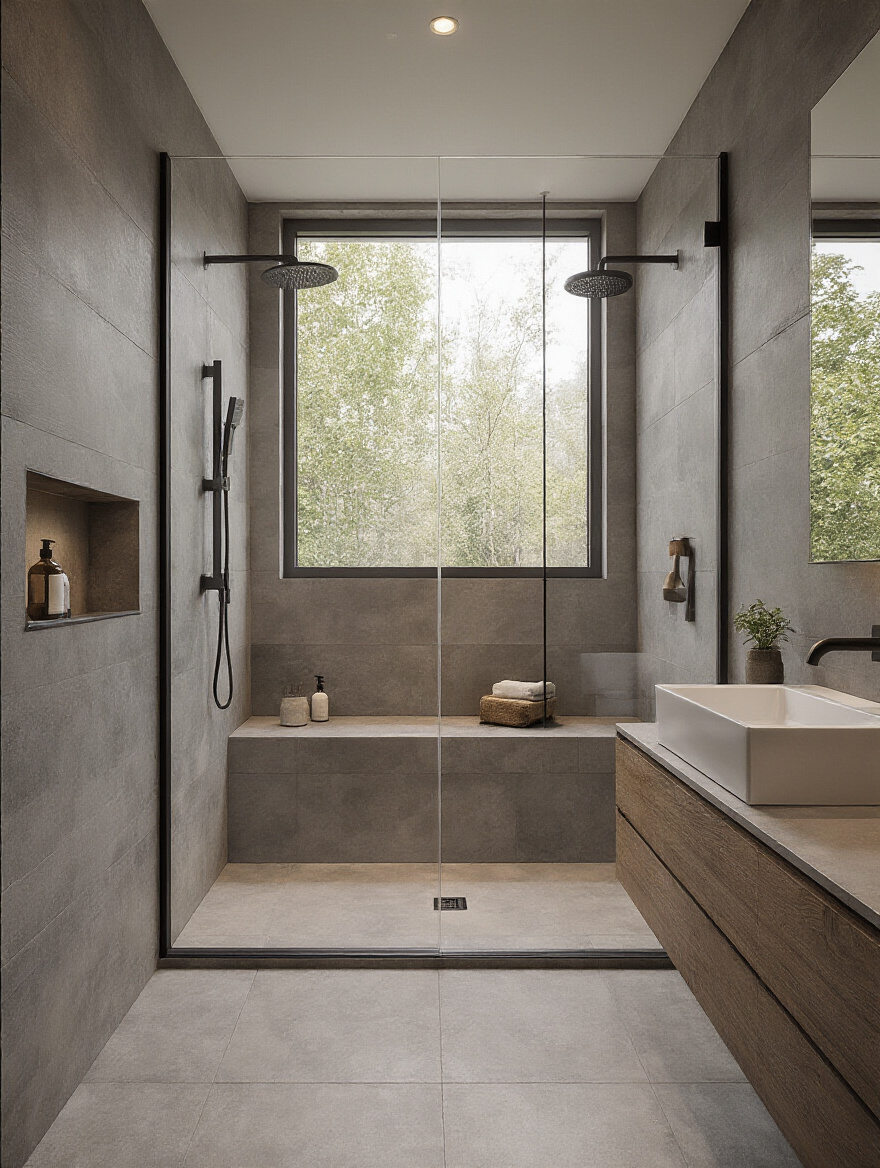 Modern bathroom converted from tub to spacious walk-in shower with frameless glass and tiled bench