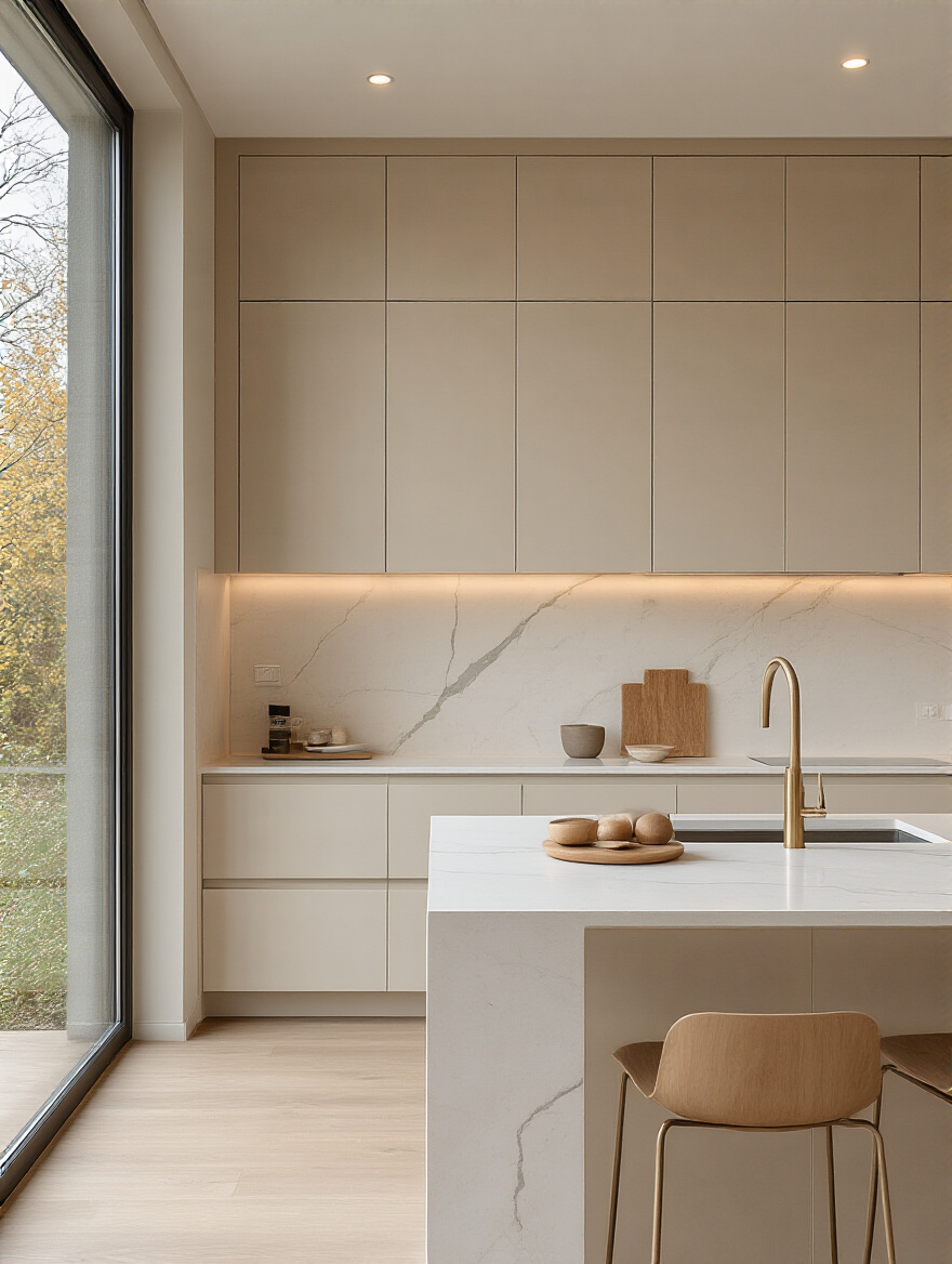 Vertical kitchen scene with seamless white quartz countertop and full-height backsplash, warm cabinetry, soft daylight