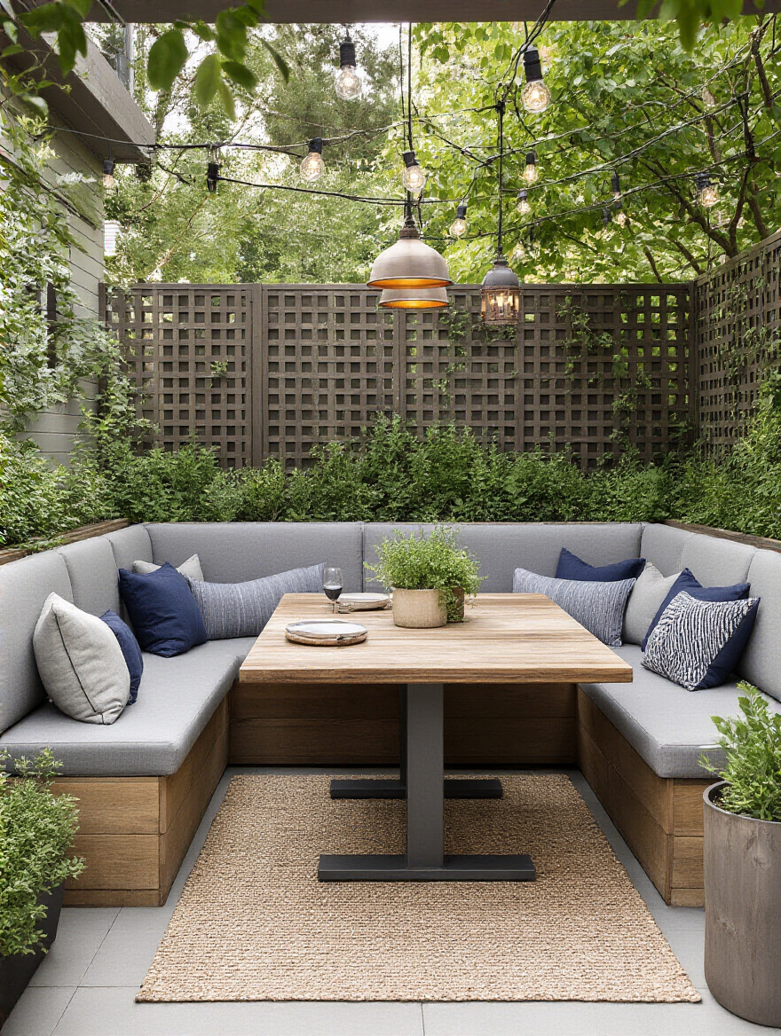 Portrait view of a dedicated outdoor dining nook in a backyard