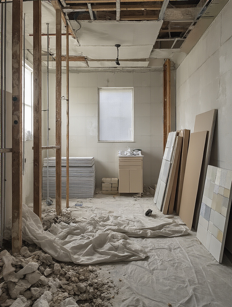 Staged mid-renovation bathroom showing phased work areas and materials arranged left to right to illustrate a detailed project timeline; no people.