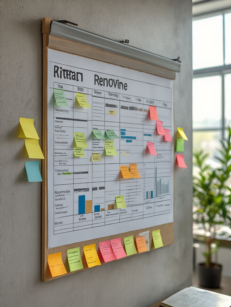 Detailed kitchen renovation project timeline displayed on a planner board with sticky notes and charts in a bright modern office