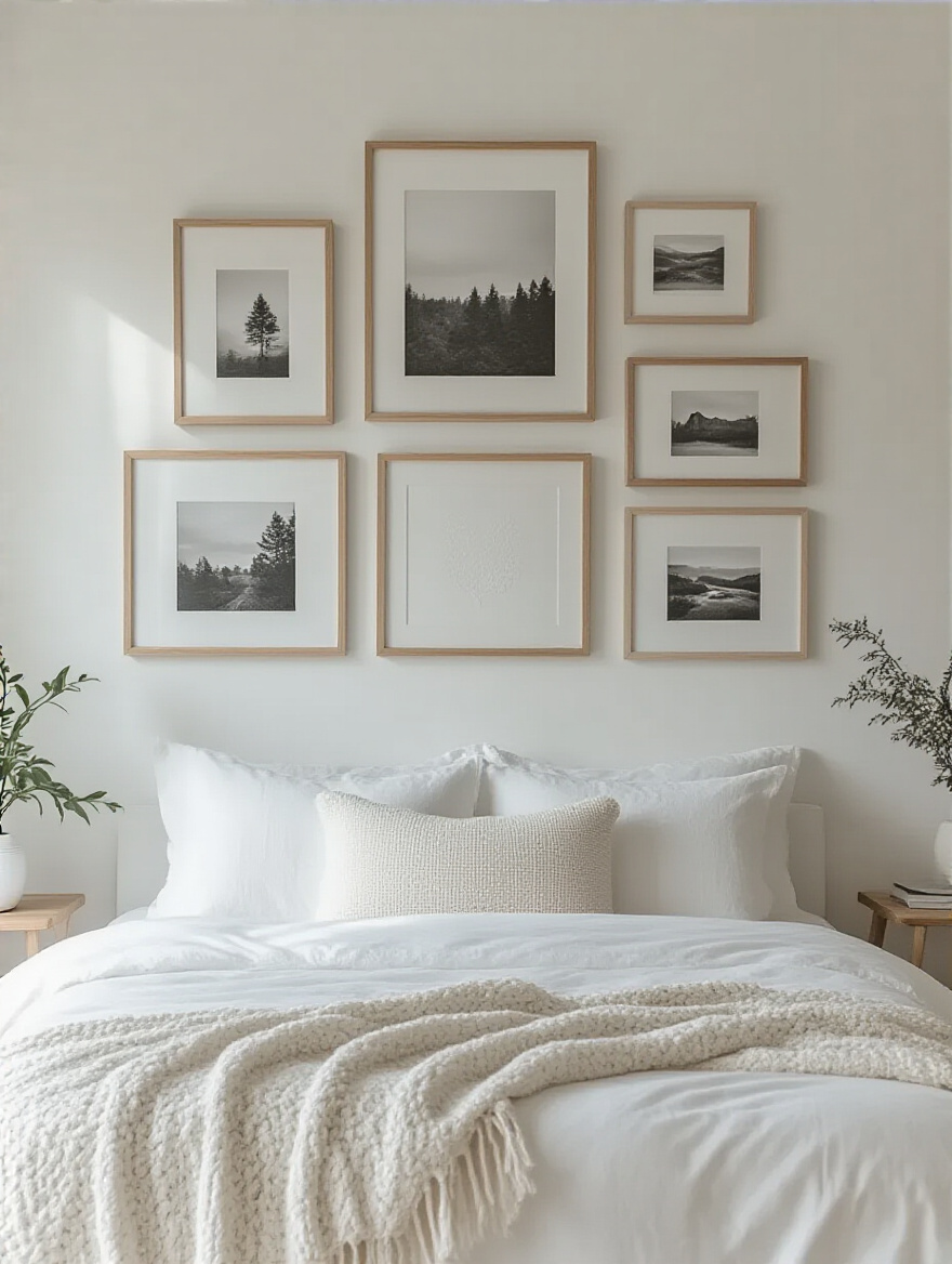 White bedroom with a curated white photo gallery wall showcasing black and white photos and minimalist art in white frames