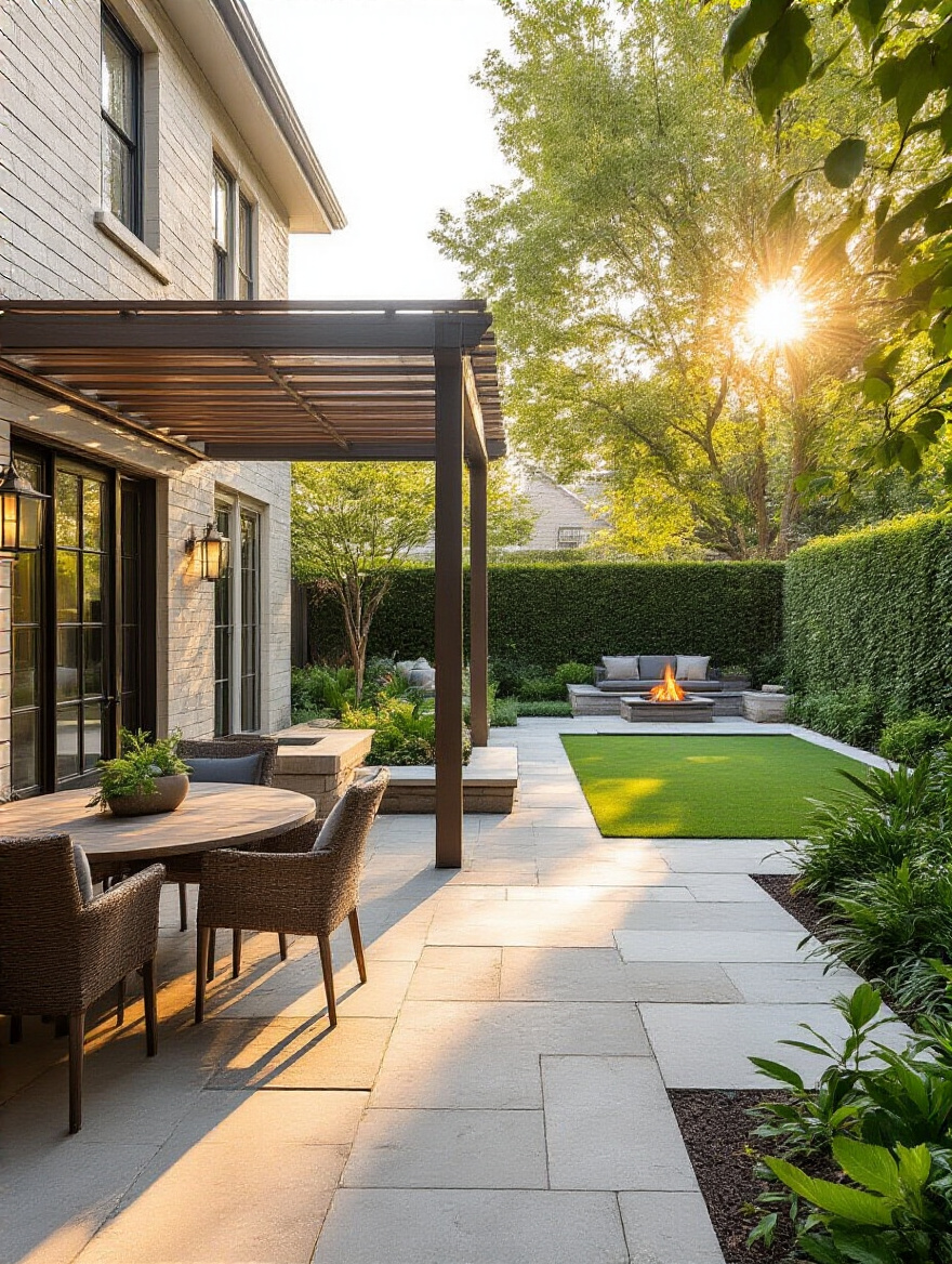 Vertical backyard scene with three clearly defined zones: dining near the house, a central play area, and a fire-pit lounge at the far end, during golden hour.