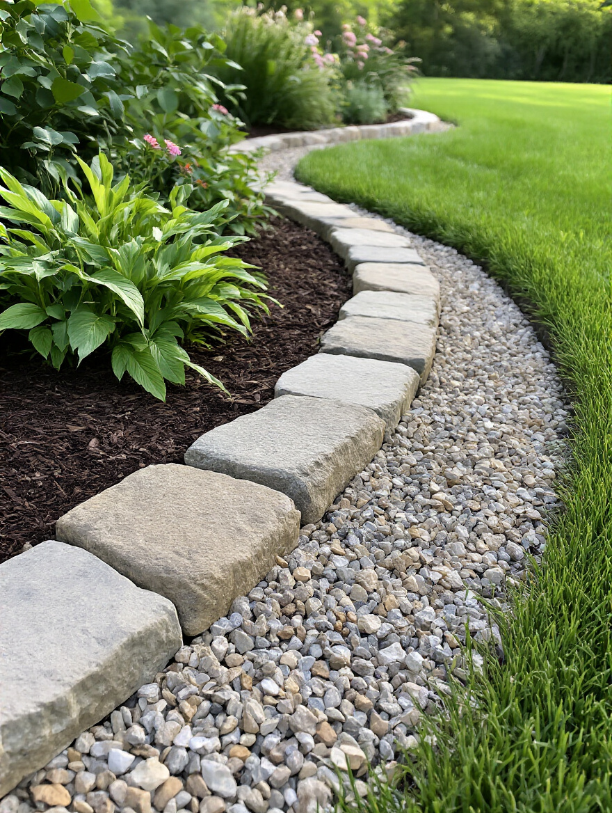 Vertical backyard scene with curved garden edge defined by a natural stone border, mulch, and green lawn.