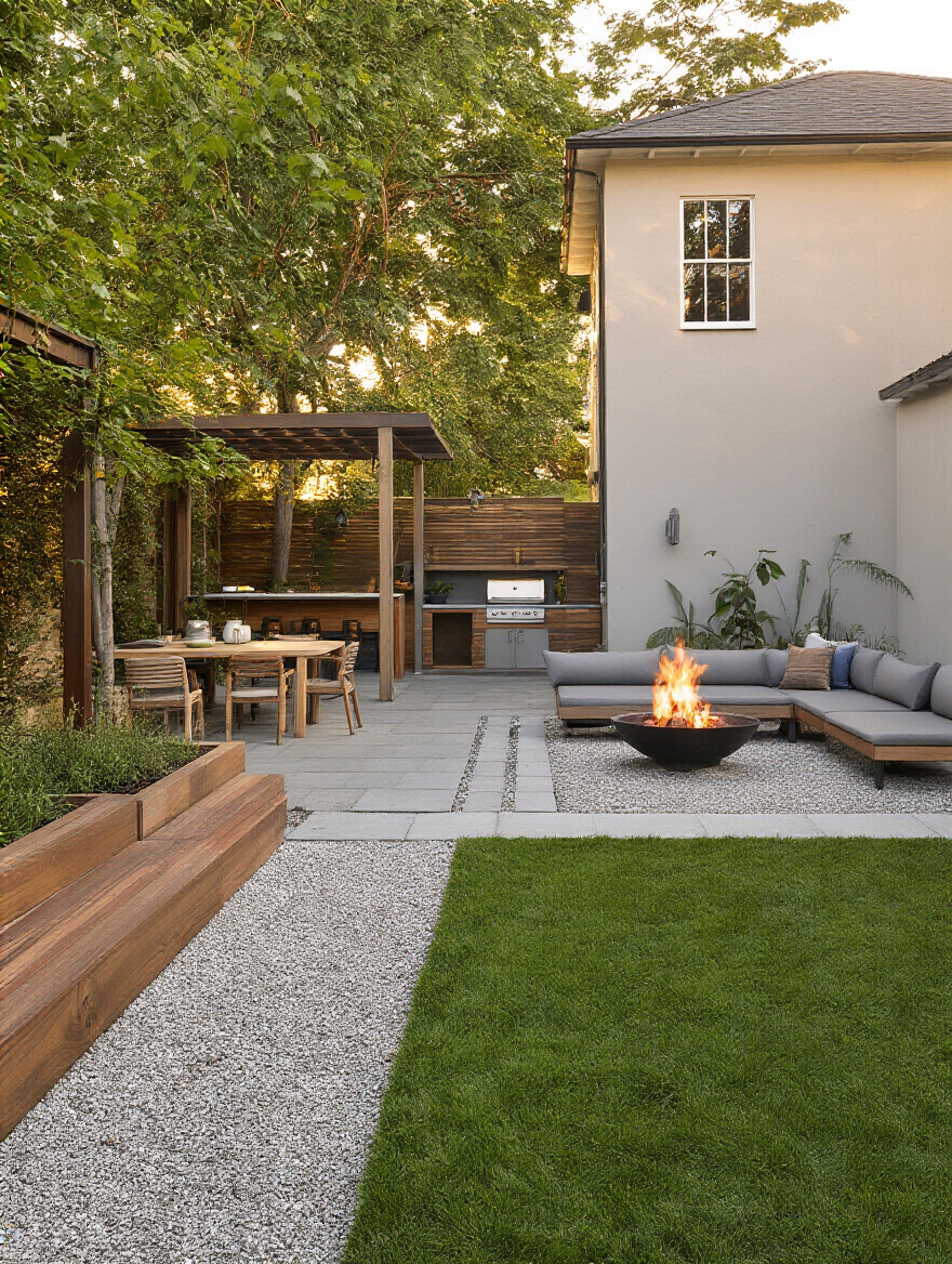 Vertical backyard scene with clearly defined zones: dining under a pergola, lounging area with fire pit, and a compact kitchen island, during golden hour; no people.