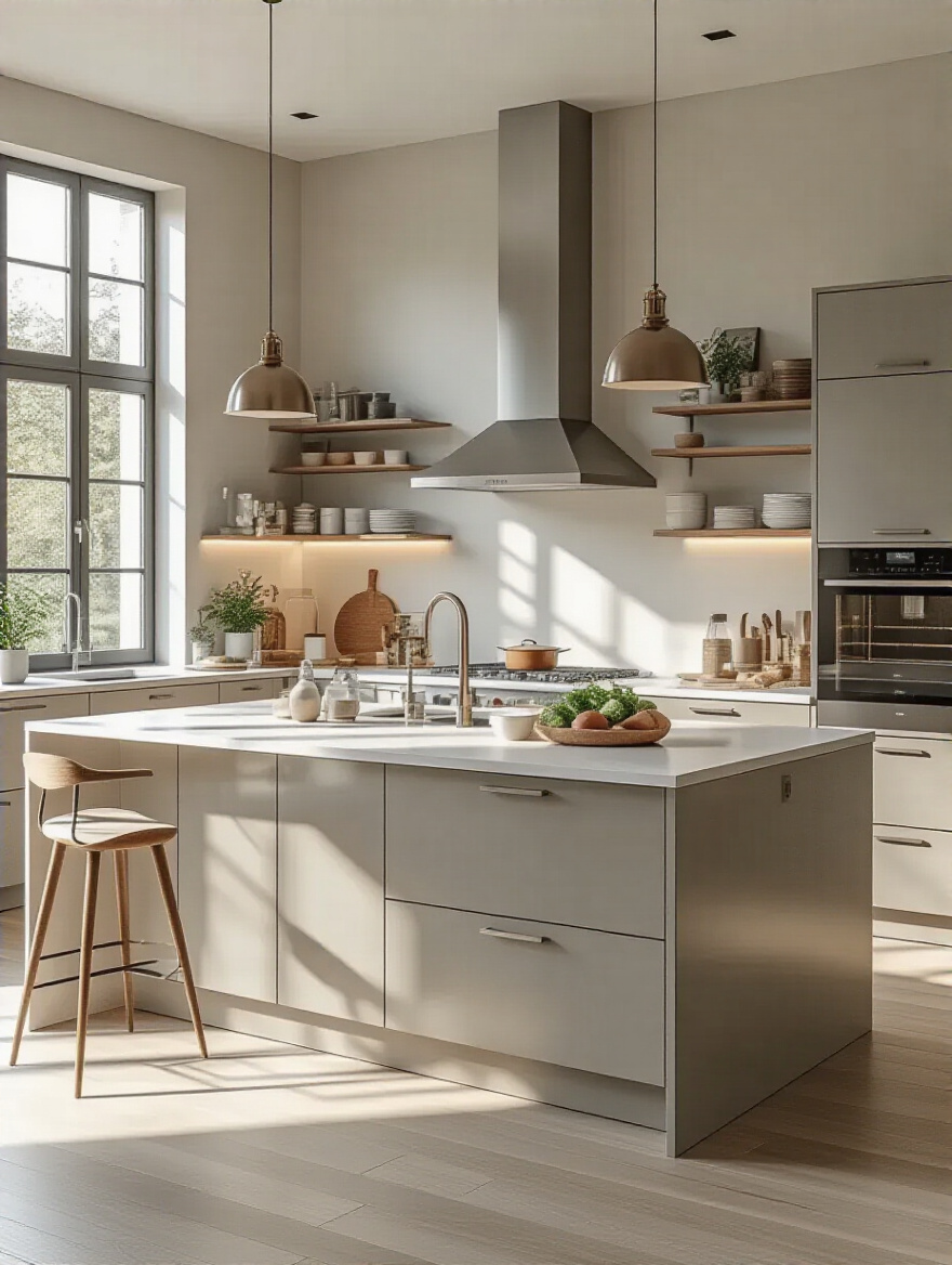 Modern kitchen interior with defined functional zones and organized layout emphasizing core kitchen functions