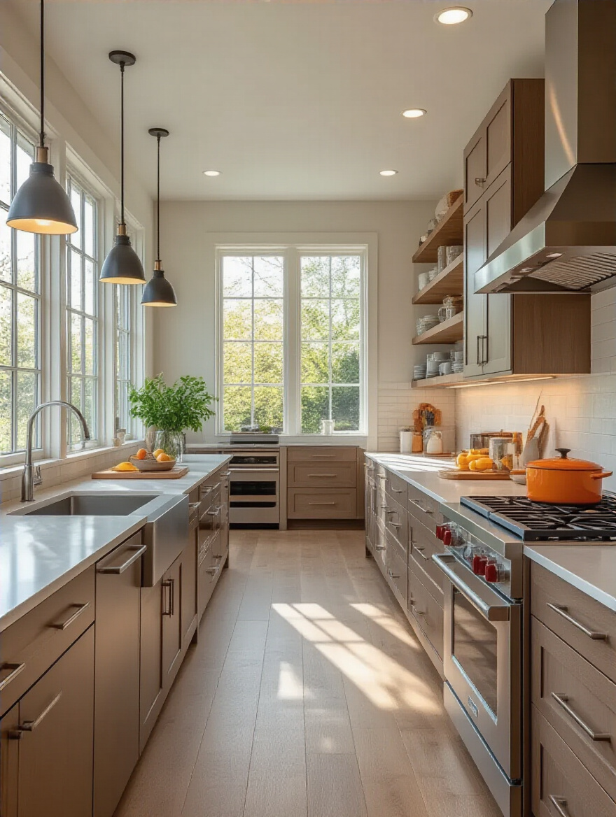 Modern kitchen with clearly defined functional zones for optimal workflow and organization