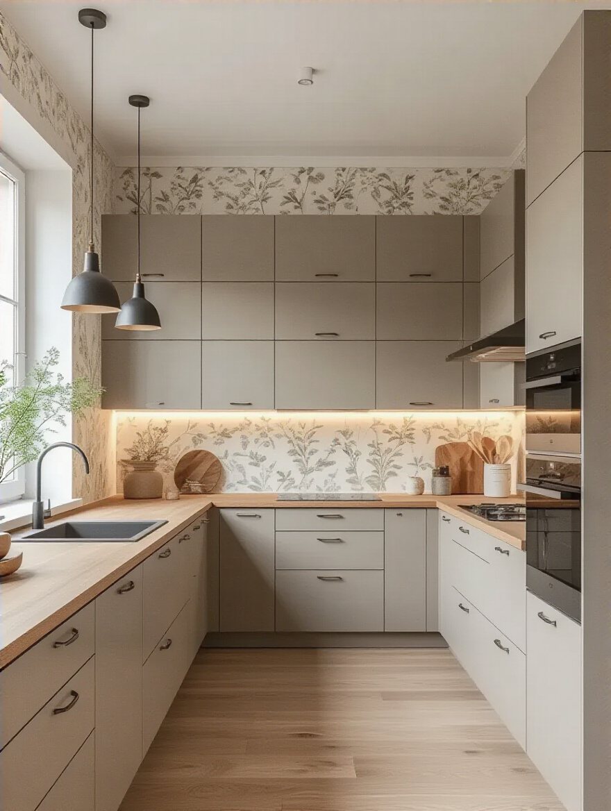 Modern kitchen interior with cohesive design and subtle textured wallpaper emphasizing a defined modern kitchen aesthetic