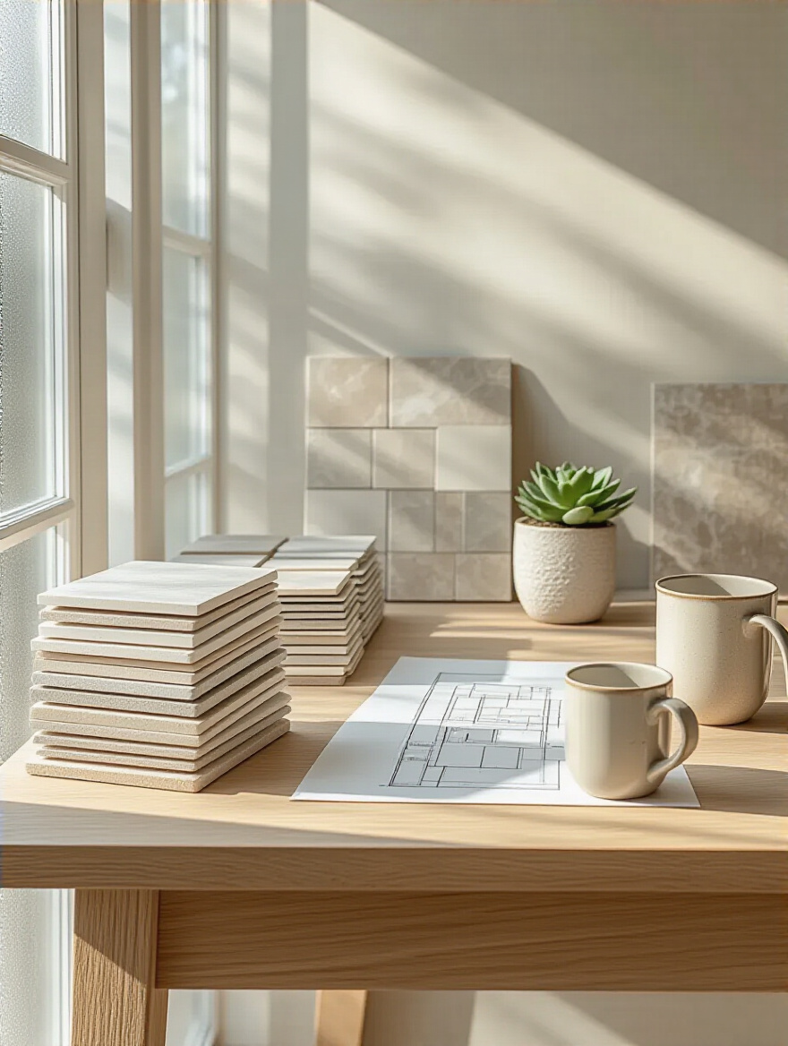 Portrait photo of a calm bathroom renovation planning scene with tile and paint samples on a wooden table in soft natural light