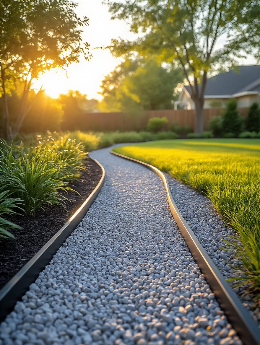 Vertical view of a defined garden path with sleek edging at golden hour