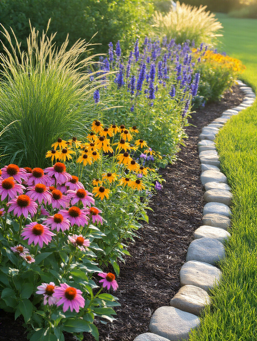 Vertical portrait view of a low-maintenance flower bed with layered blooms and mulch in a sunny backyard