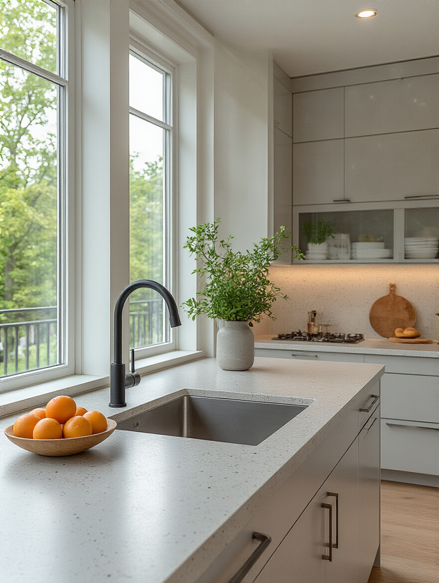 Vertical portrait of a modern kitchen with a seamless solid surface countertop and integrated sink.