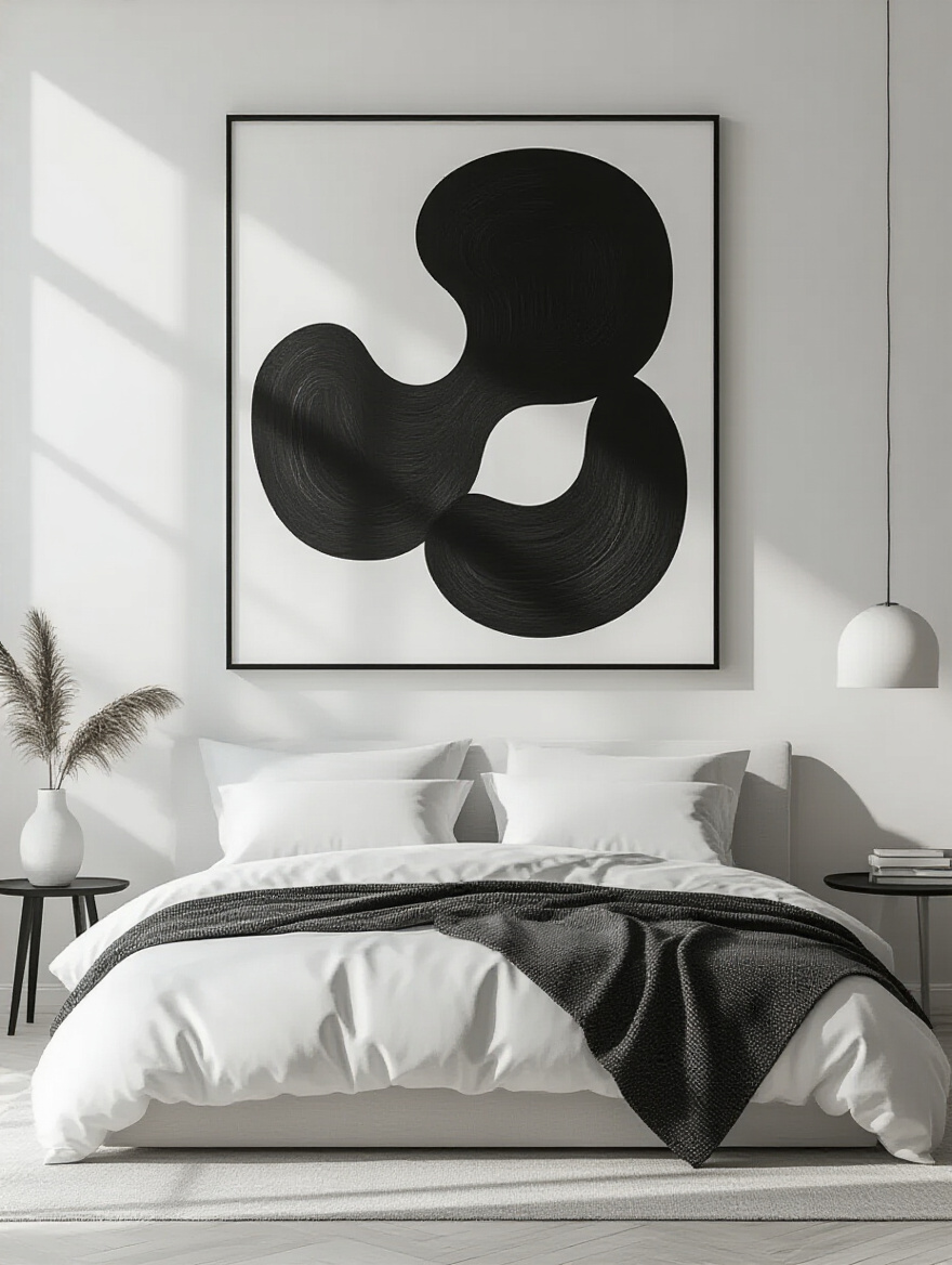 White bedroom with large minimalist black-and-white artwork above bed creating sophisticated focal point