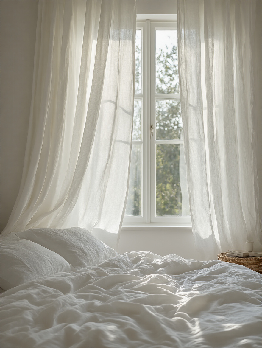 White linen curtains softly draping in a bright white bedroom creating an ethereal ambient glow