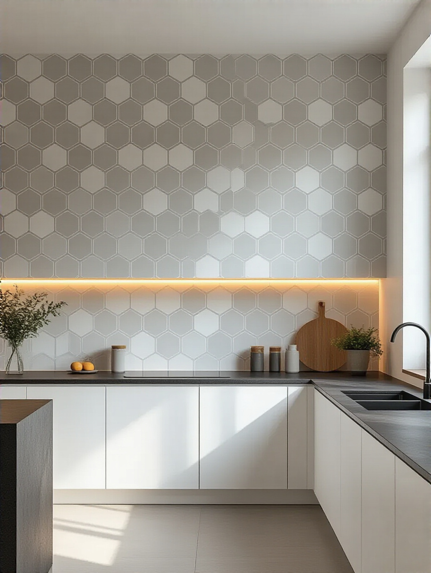 Modern kitchen with minimalist geometric hexagon pattern wallpaper accent wall, white cabinetry, and dark stone island under soft natural and LED lighting