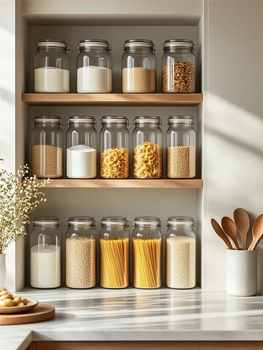 Elegant uniform glass decanters neatly arranged on kitchen shelves for bulk staple storage