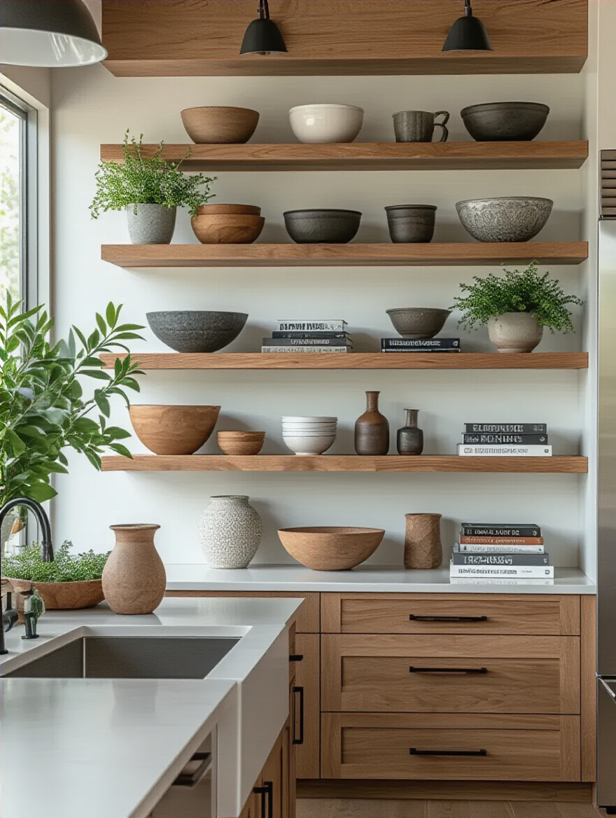 Modern kitchen open shelves styled with 'Z' or 'S' pattern decor guiding the eye across shelves