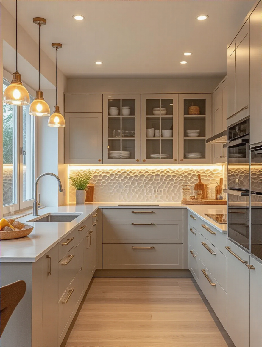 Modern kitchen interior with layered lighting including ambient ceiling lights, under-cabinet task lighting, and accent lighting highlighting backsplash and cabinetry