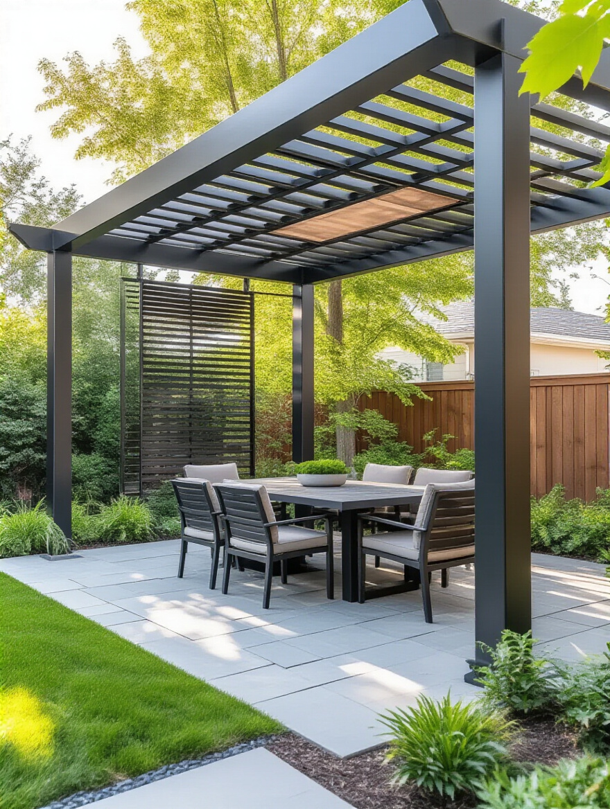 Backyard with a modern shade pergola over a dining area on a stone patio