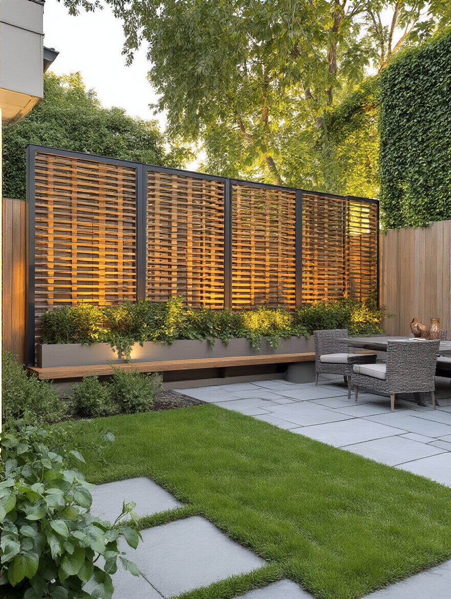 Vertical backyard scene with a stylish privacy screen, planters, and seating in golden-hour light