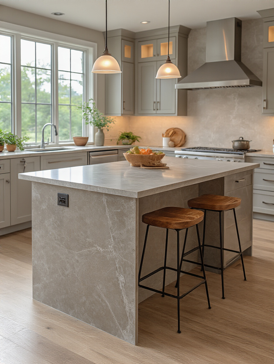 Portrait view showing varied countertop edge profiles on a modern kitchen island
