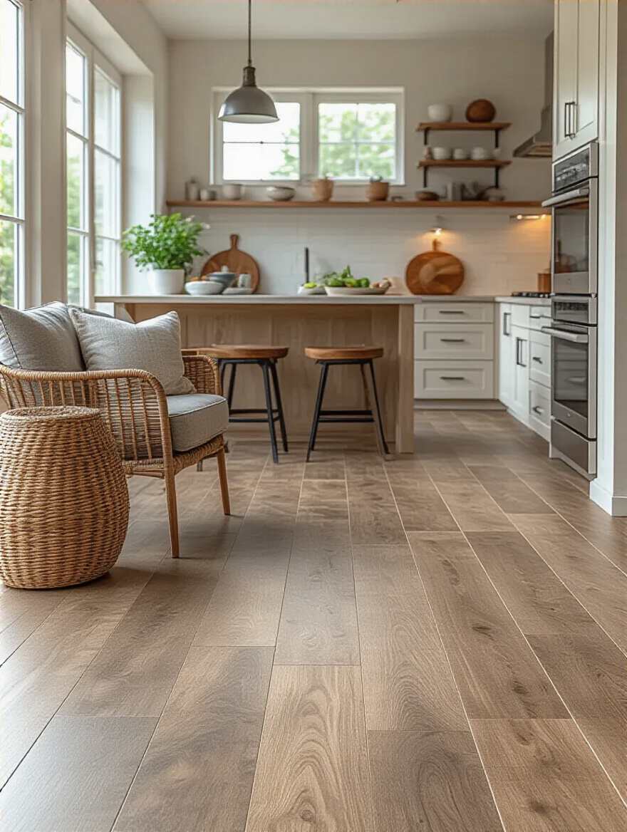 Close-up portrait image of a modern kitchen floor featuring porcelain tiles, luxury vinyl plank, and engineered hardwood showcasing style and durability