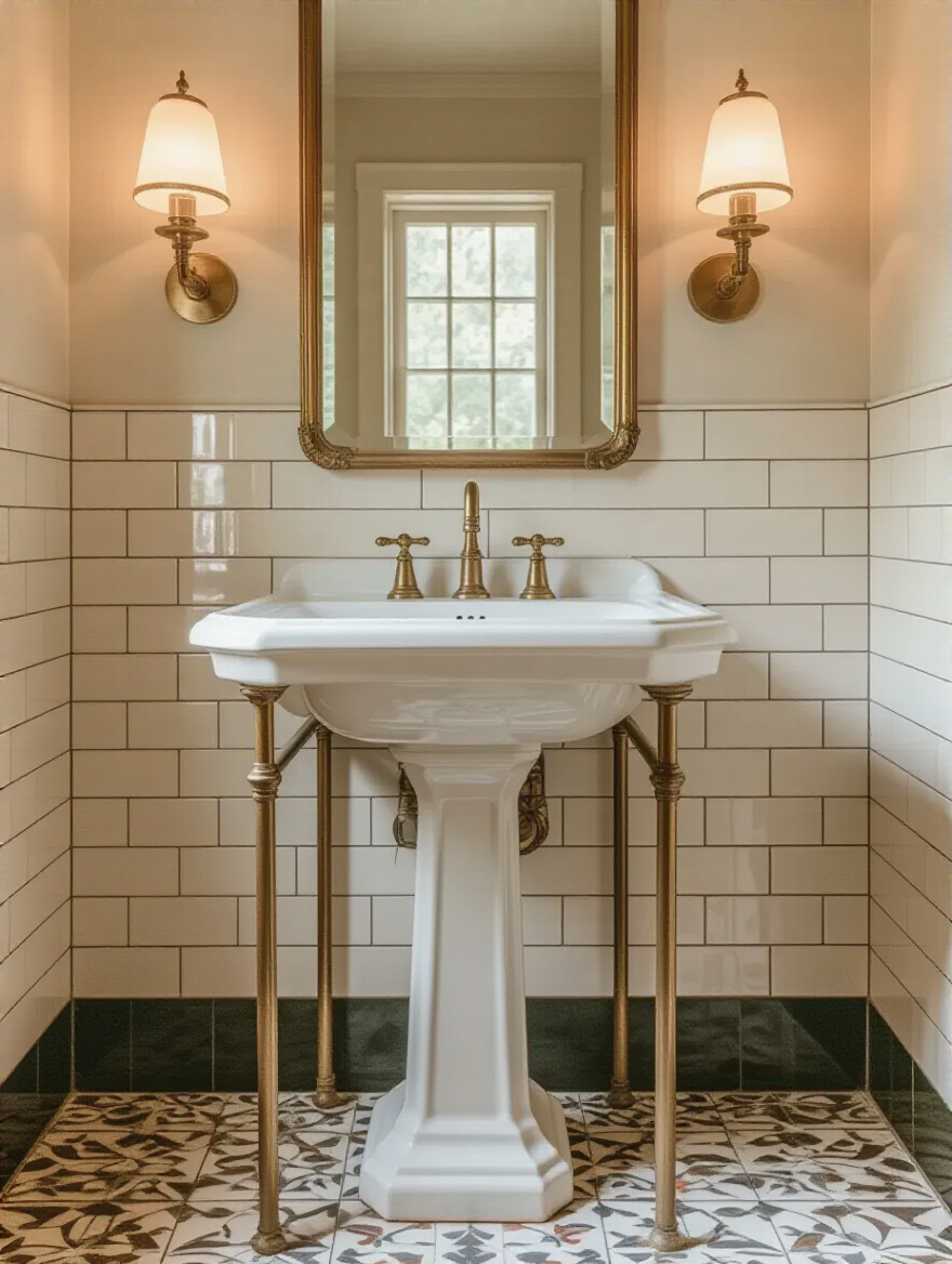 Vertical vintage bathroom with pedestal sink and console vanity