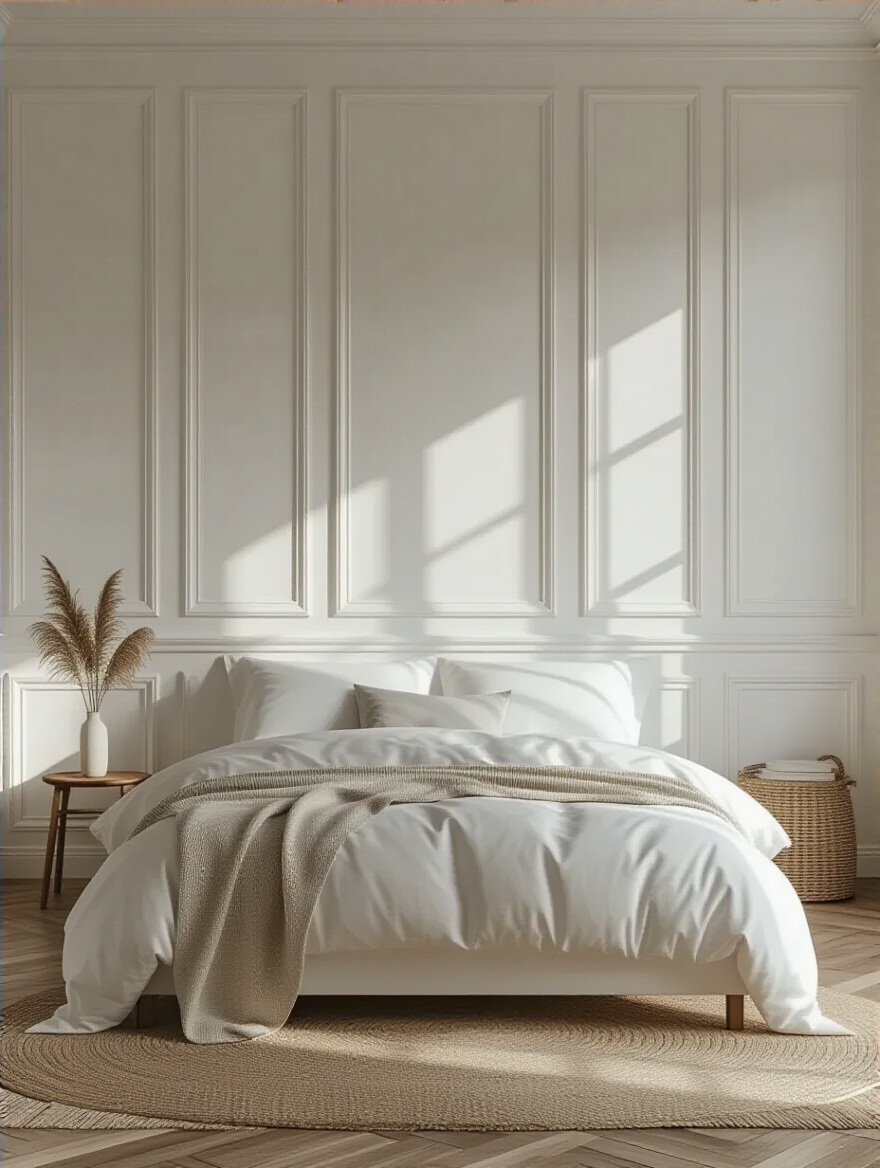 White bedroom with full-height white wood paneling showcasing architectural detail and textured walls