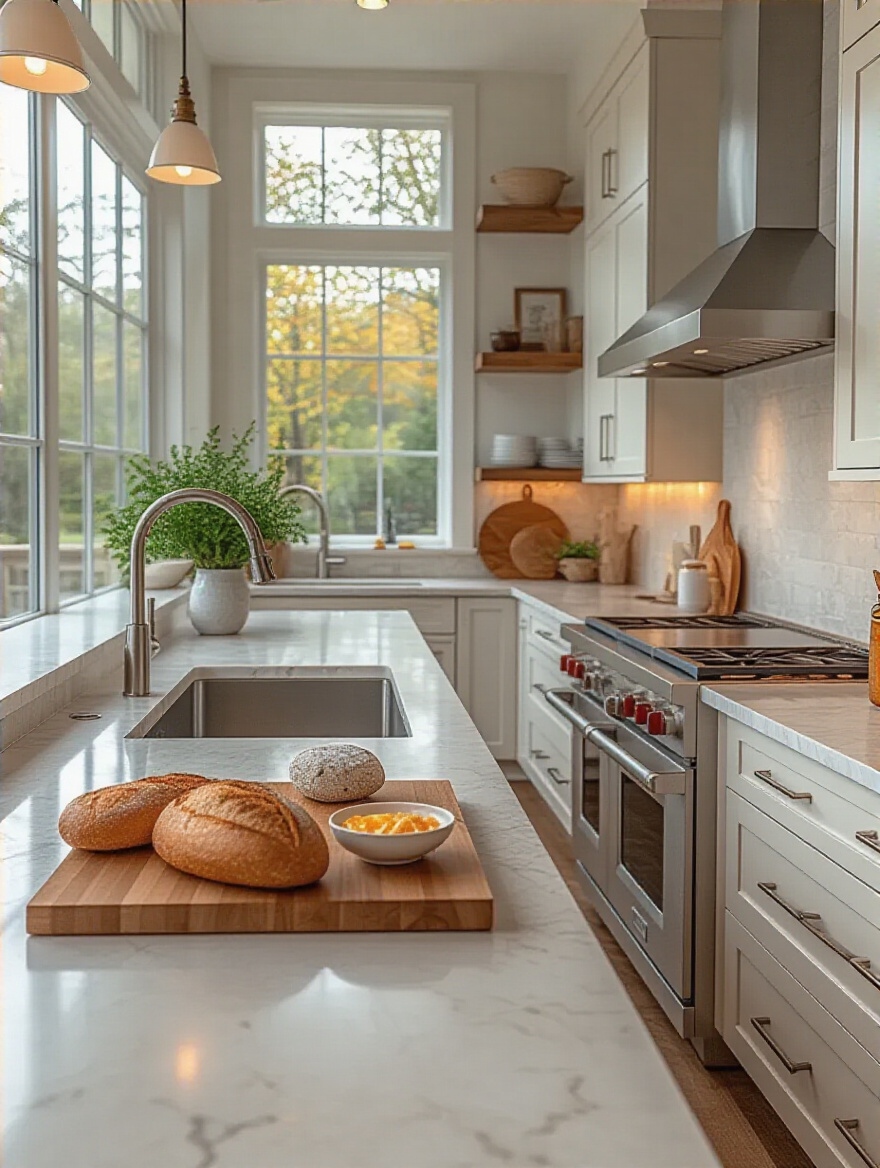 Vertical shot of a modern kitchen with two-material countertops (cool quartz and warm butcher block), clearly defined prep and baking zones, light cabinetry, and seamless transitions.