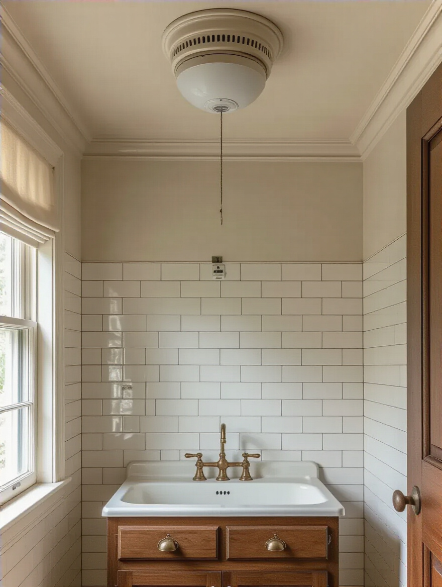 Portrait view of a vintage bathroom interior highlighting ventilation features (exhaust fan, humidity sensor) and period finishes.